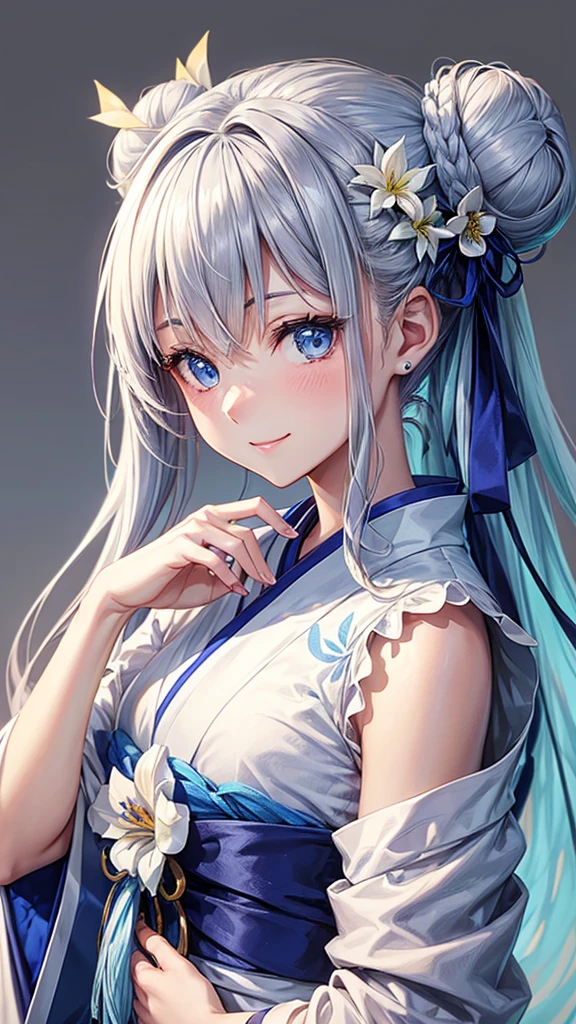 Anime character, half body only, upper body only, half body portrait, posing like a model, good looking, beautiful, full of details, aesthetic, hd, masterpiece art, amazing work. Solo, young lady, hair in bun, one bun, just one bun, flower accessories in bun, bluish gray colored hair, Lady, blue eyes, smile, elegant look, elegant carrying, white Japanese kimono, blue decoration, Lily flower theme, eyes facing camera, there are no hands to hinder the appearance, simple background.
