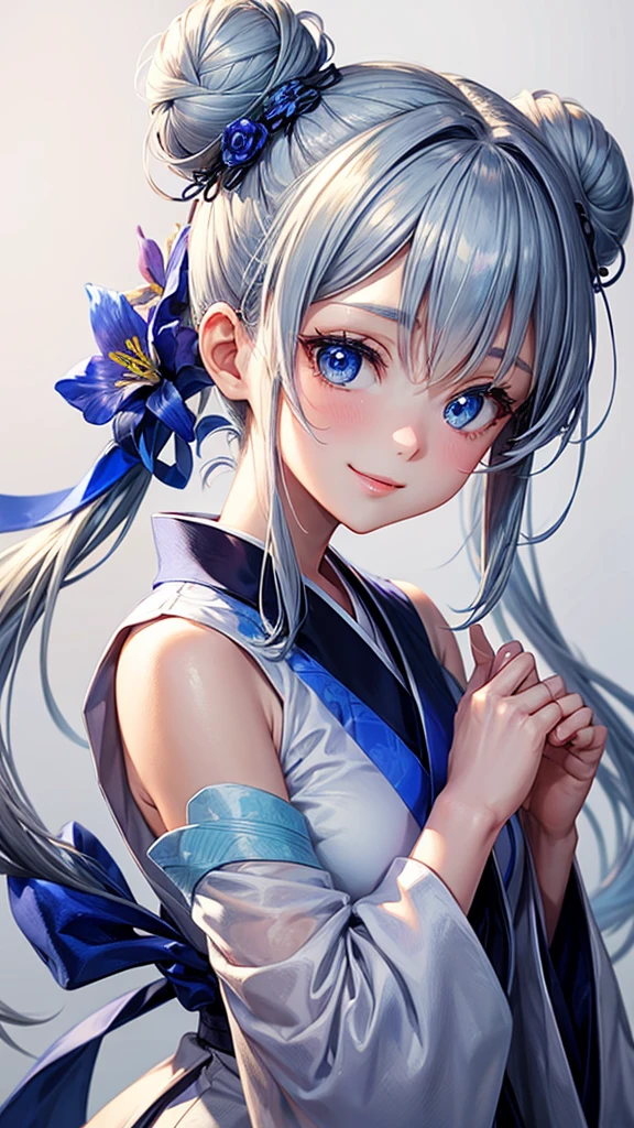 Anime character, half body only, upper body only, half body portrait, posing like a model, good looking, beautiful, full of details, aesthetic, hd, masterpiece art, amazing work. Solo, young lady, hair in bun, one bun, just one bun, flower accessories in bun, bluish gray colored hair, Lady, blue eyes, smile, elegant look, elegant carrying, white Japanese kimono, blue decoration, Lily flower theme, eyes facing camera, there are no hands to hinder the appearance, simple background.