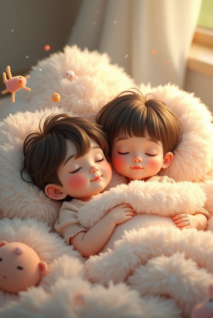The rest of two children dreaming magical things on a blanket sheet and pillow in 3D