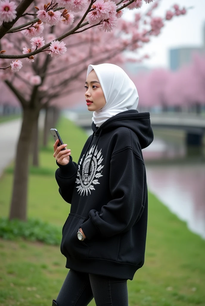 Beautiful Korean woman with white skin, wearing a white hijab, wearing a black knit hoodie with a white pattern, with the Santi logo, black jeans, boots, holding an iPhone, wearing a watch, near a cherry tree, with a background of cherry blossom trees, river, bridge, green grass , cherry tree, original photo