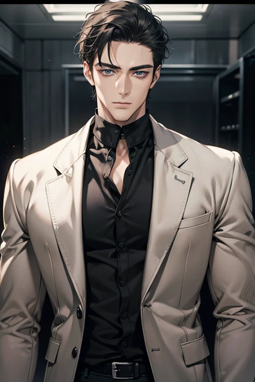 (Best Quality,4k,8k,high resolution,Masterpiece:1.2),ultra detailed,(realist,photorealist,photo-realist:1.37),1 man,31 years,mature man,muscular,square jaw,very handsome,without expresion,short gray black hair,hairstyle,Blue eyes,glare,perfect face without mistakes,imposing posture,collar jacket,leather jacket,dark background,cinematic lighting,imagen HDR
