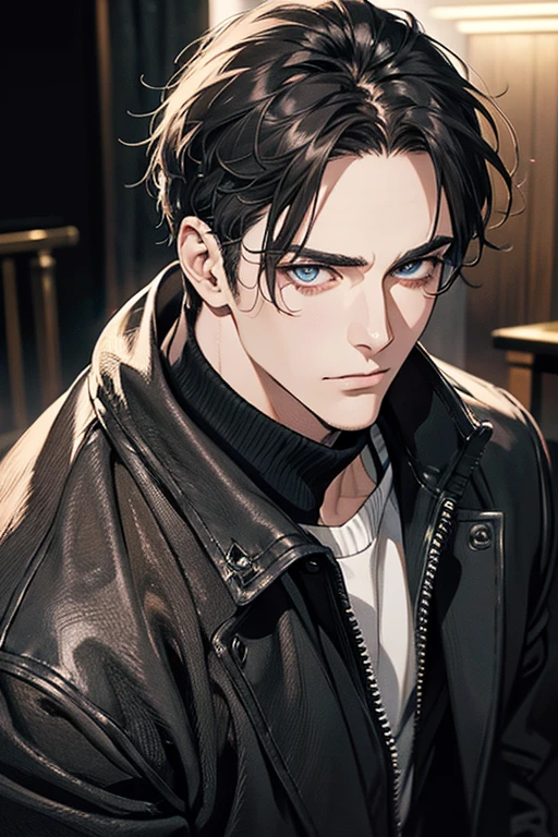 (Best Quality,4k,8k,high resolution,Masterpiece:1.2),ultra detailed,(realist,photorealist,photo-realist:1.37),1 man,31 years,mature man,muscular,square jaw,very handsome,without expresion,short gray black hair,hairstyle,Blue eyes,glare,perfect face without mistakes,imposing posture,collar jacket,leather jacket,dark background,cinematic lighting,imagen HDR