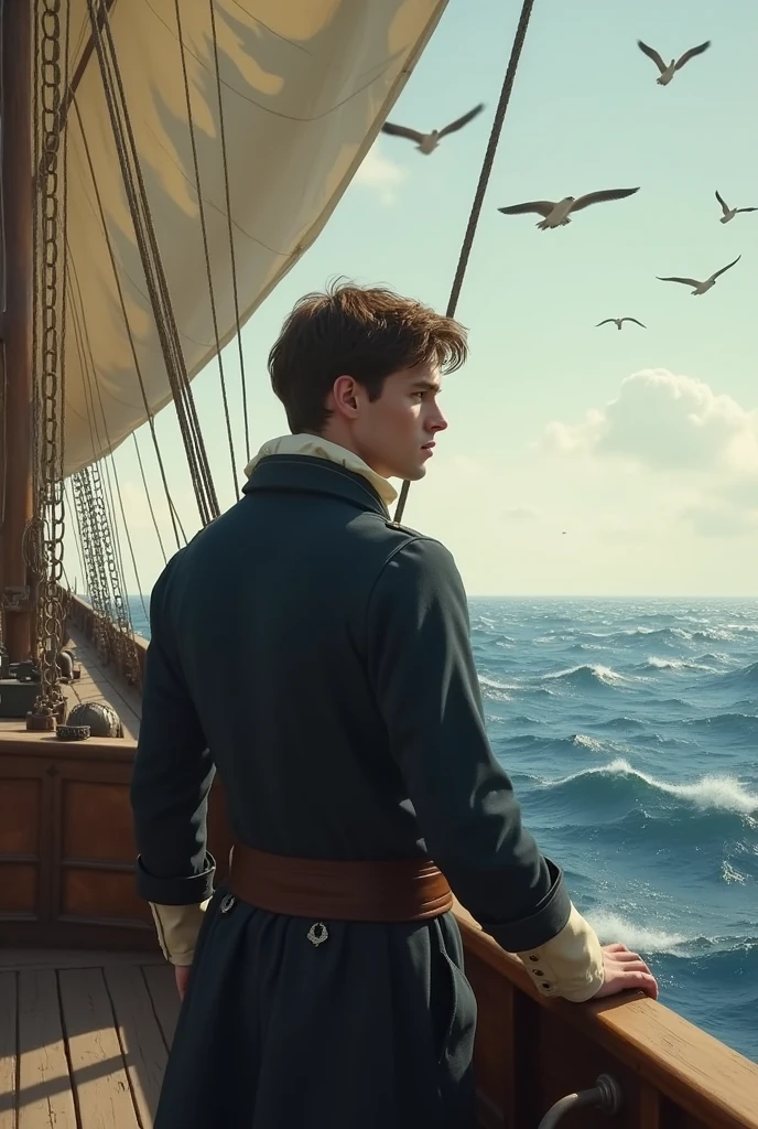 Young man from 1812 standing at the stern of a ship thinking about his past