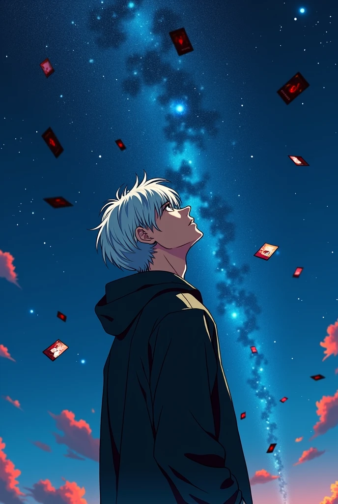 A man with white hair in a black windbreaker looking up at the starry night sky，The cards spun around him.，Anime style，Highly detailed，Film Lighting，dramatic，（Best quality，4K，8k，high resolution，masterpiece：1.2），Ultra Detailed，（lifelike，Photoreal，Photoreal：1.37），dramatic的灯光，Moody atmosphere，Dynamic composition，Intricate details，Vibrant colors，Whimsical fantasies，Surrealist elements，Magical Realism