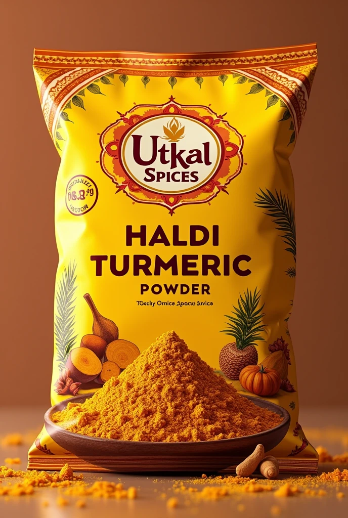 Make a packet design of brand name Utkal Spices and product name Haldi Powder as indian brand no other languages text will show