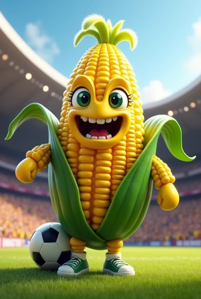 I want a football mascot, animated style, that it is an ear of corn and that it has a soccer ball on its leg