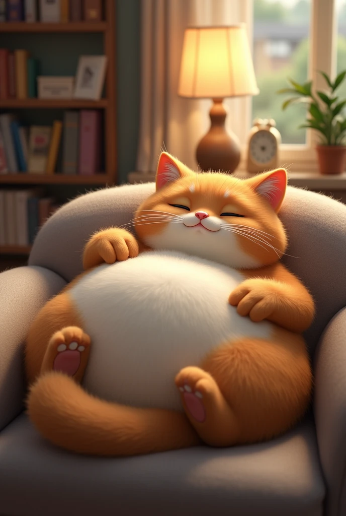 A fat cat is in his house 