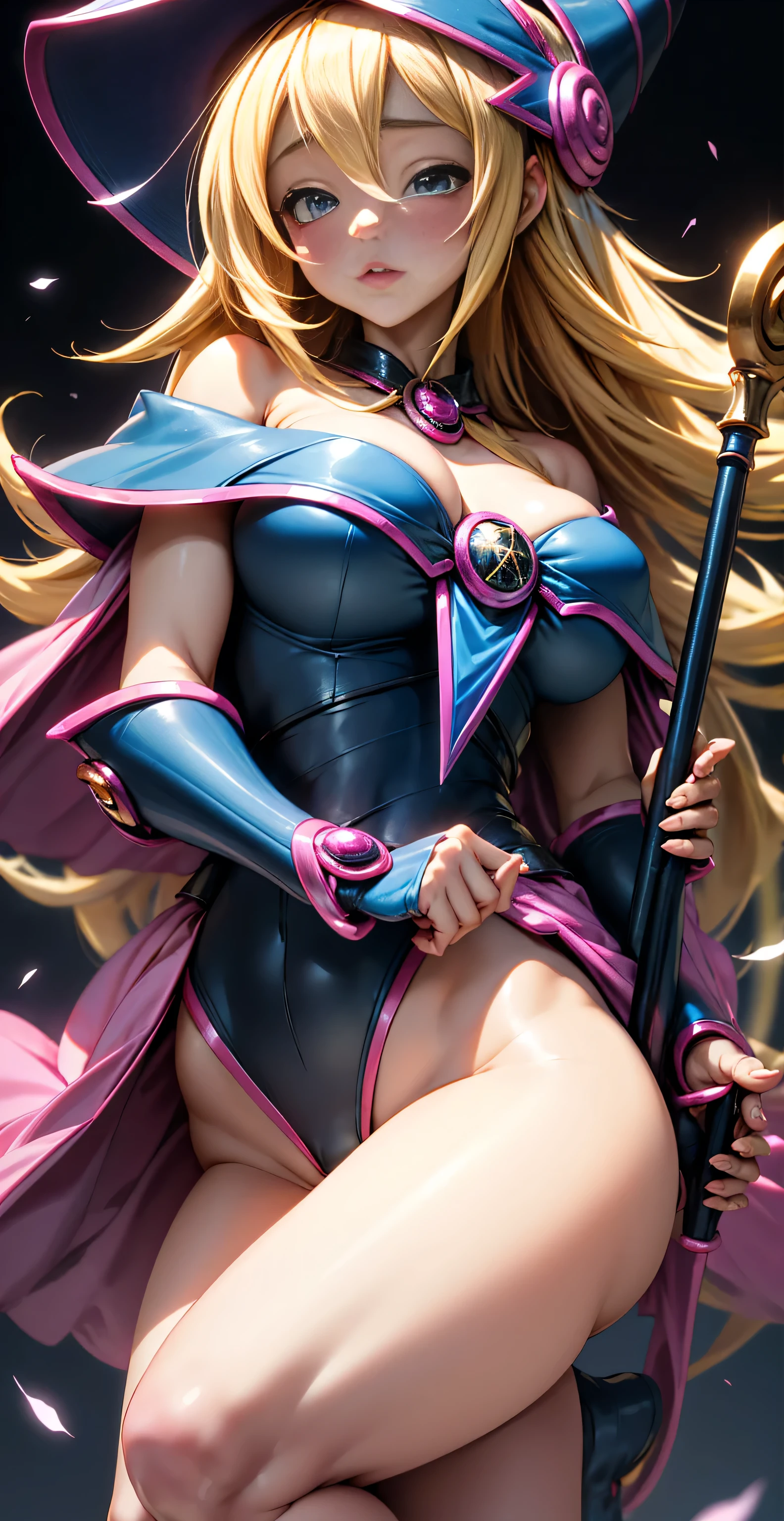 black magician girl、Super thick chest、very blonde hair、magic circle、8k, 4k, Of the highest quality, High resolution: 1.2),flicker、an exposed breast、cute anime face、pink blush on the cheeks.、noise removal、Leotard that bites、have a cane、Keep your stick very close to the.screen 