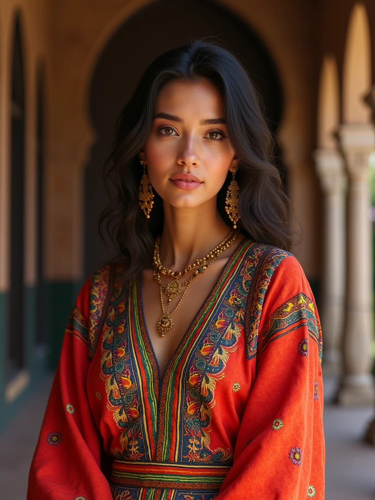 Beautiful Moroccan girl, Dark brown eyes, 26 years old, Almond-shaped eyes, Oval face shape, Wavy Hair, 170cm, 65kg, Highly detailed face, Detailed skin texture, Graceful pose, Colorful Moroccan Dresses, Gold Jewelry, Natural light, Dramatic Shadows, Warm color palette, Portraiture, Realistic, photoRealistic, 8k, sex