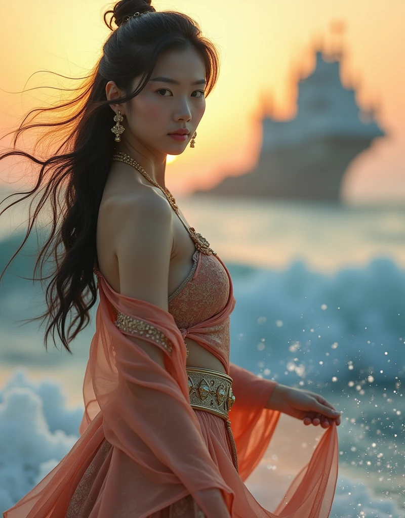 A captivating close-up photograph of a stunning beauty young Korean woman wearing luxury outfit With slightly wavy black hair, shawl on hip and gold jewelry completed her majesty. Her shawl is flew away. she is seeing to camera while gracefully posing on the crest of a dramatic wave in the middle of the sea. Her attire is a dazzling blend of vibrant colors. Behind her, a fantastical white castle floats on the horizon, white mist around the castle, enhancing the surreal setting. The waves crash around her, creating a dynamic interplay of water and light, all set against the backdrop of a fictional reality, seamlessly merging realism with fantasy, orange sunset the sky., photo, 4k quality, fixed focus lens