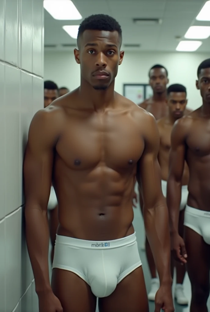 Brown men in white underwear at military enlistment.