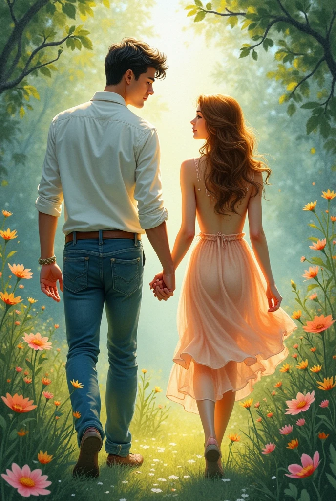  Best image quality, masterpiece level, ultra-high resolution . close-up. couples walking in a bright forest. front view. water color, fantasy theme, facial details, (((Waist-up portrait))). Dreamy watercolor style with gentle brushstrokes. Soft pastel colors and delicate floral patterns. Warm sunlight filtering through trees. Beautiful intricate details reminiscent. Vibrant yet muted color palette, bold brushstrokes, whimsical, fantastical, detailed environments, dreamlike quality, delicate, feminine, elegant, captivating, get detailed outdoor lighting and movie lighting, increase detailed overall ambient light, face and eye details, improve the realism of body details, clearly express sharp focus, expressionless,((The best quality)), ((Highly detailed)),oil on canvas. body facing towards viewers, The lens is a zoom lens with a medium aperture. 