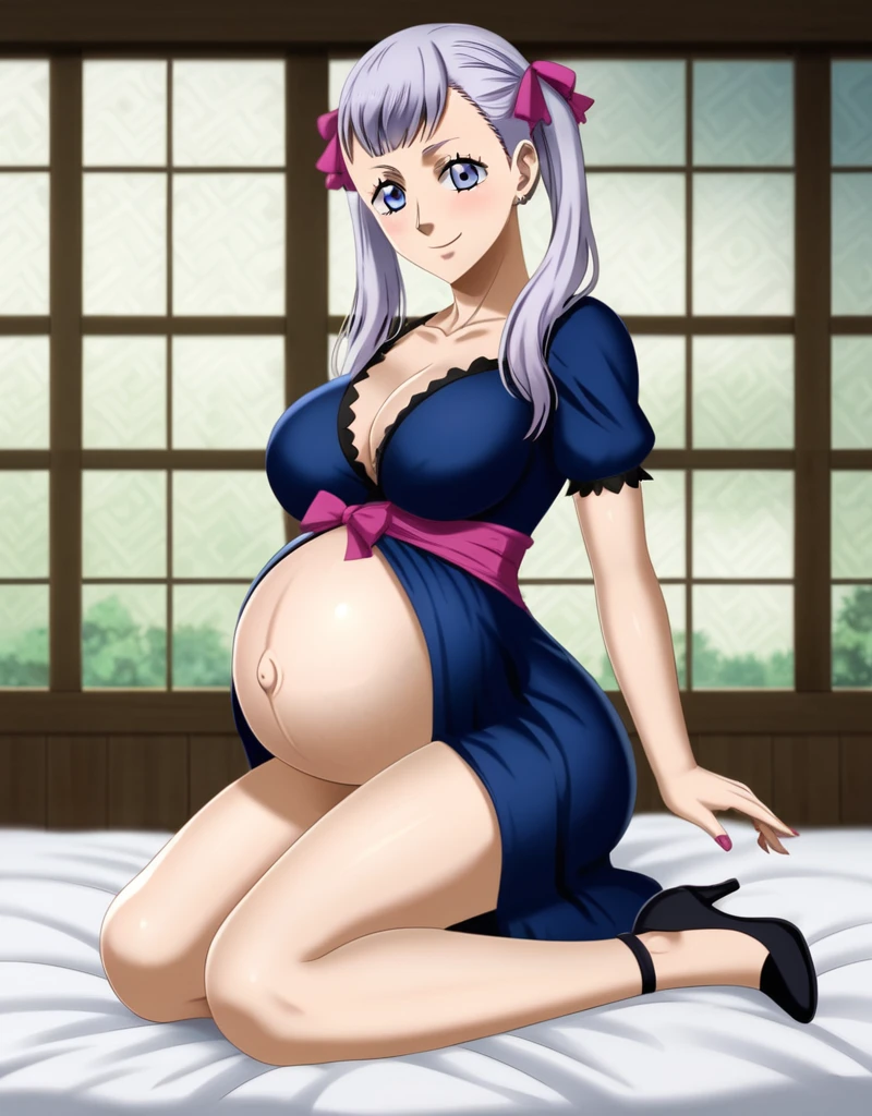 noelle_blackclover, Noelle Silva, Black Clover, long silver hair, waist-length hair, half-up half-down hairstyle, ribbon, soft waves, side-parted bangs, almond-shaped blue eyes, high-quality, ultra-detailed, beast quality, 8K resolution, anime style,
looking at viewer, smile, pregnant belly, large belly, huge belly, big Breasts, Sitting
1girl,solo, indoors, Bedroom, Bed, happy, Smiling, rub belly,
full body, Nail polish, heels