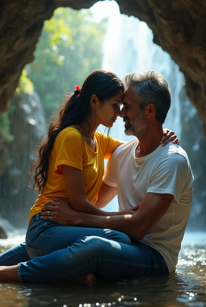 INDIAN 20 year old girl wears yellow tshirt and jeans, seating with 40 year old handsome indian man who wears white tshirt. Both are seating in a cave, behind the waterfall, and hugged each other.  Both are wet and their tshirts are wet.