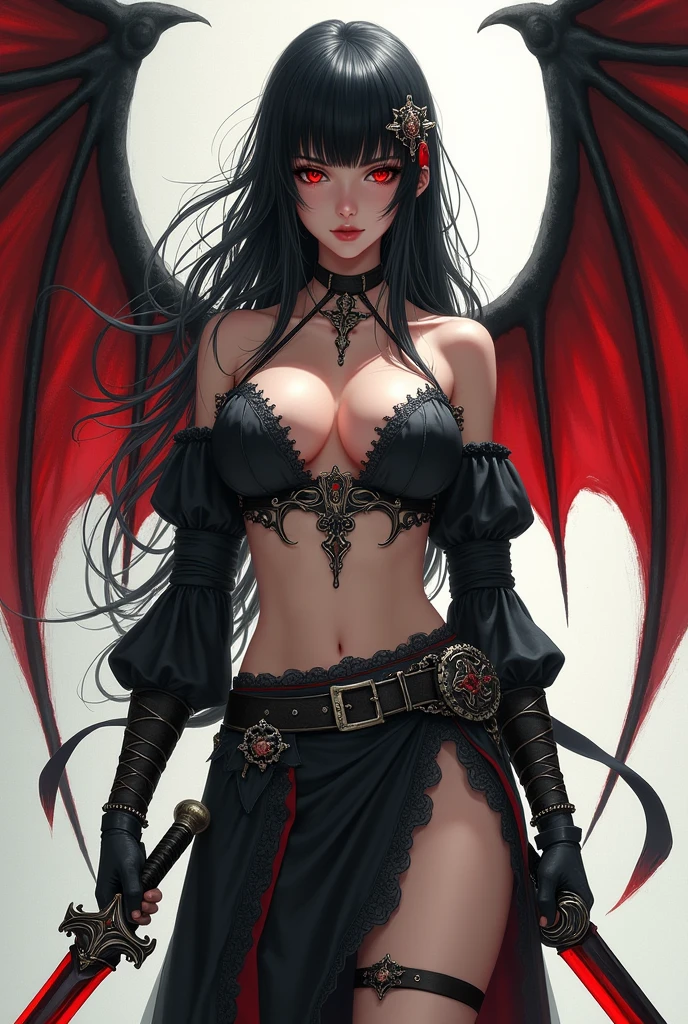 (masterpiece), (best quality), (detailed), light layer, lustrous skin, (intricate detailed , taut clothes, , demon wings,hair ornament :1.2), from above, black hair, black choker, long hair, hime cut, woman, blunt bangs, sidelocks, red eyes, holding quarterstaff,holding scythe,holding sword, (mature female:1.1), [uncensored, NSFW, nipples], side-ponytails  (simple background:1.1),  