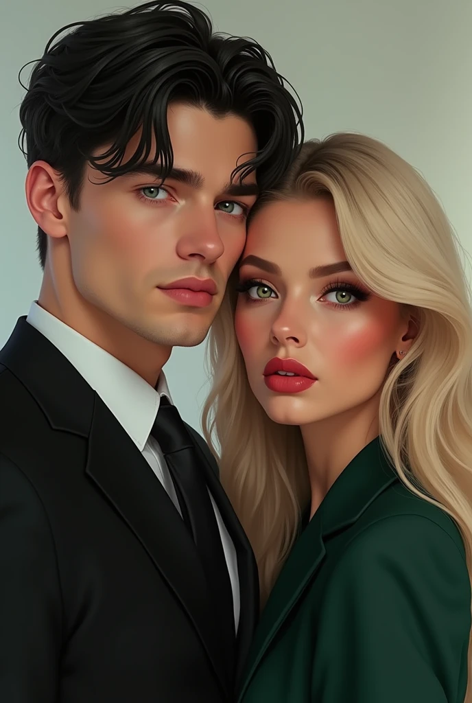 You can create an image of a 24-year-old man's face, young man with jet black hair, light blue eyes, with a few days' worth of incipient beard in a black suit in the company of a woman with blond hair, long and wavy with very light green eyes, red, thick lips and dark green clothes