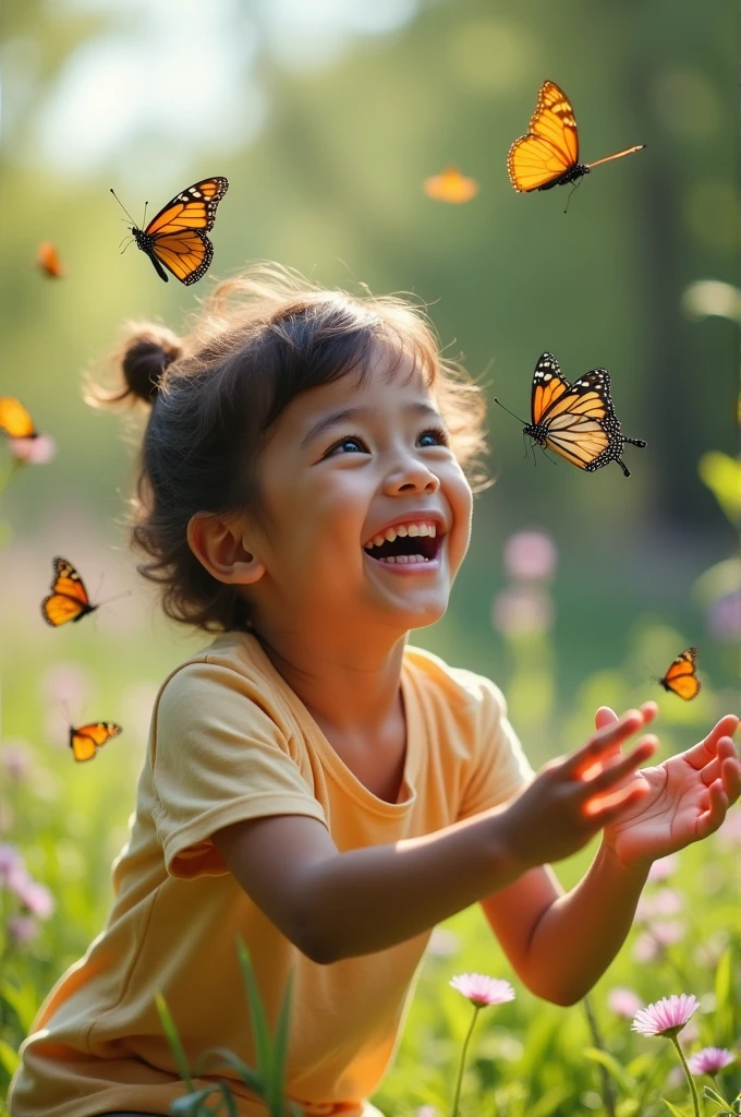 A  laughing in spring season while playing with butterflies Photograph