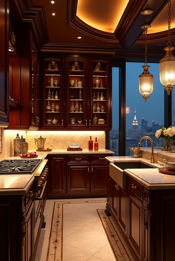 Make me a very luxurious, very extravagant 80s style old money kitchen that can be used at night, that the kitchen is millionaire and it is a penthouse
