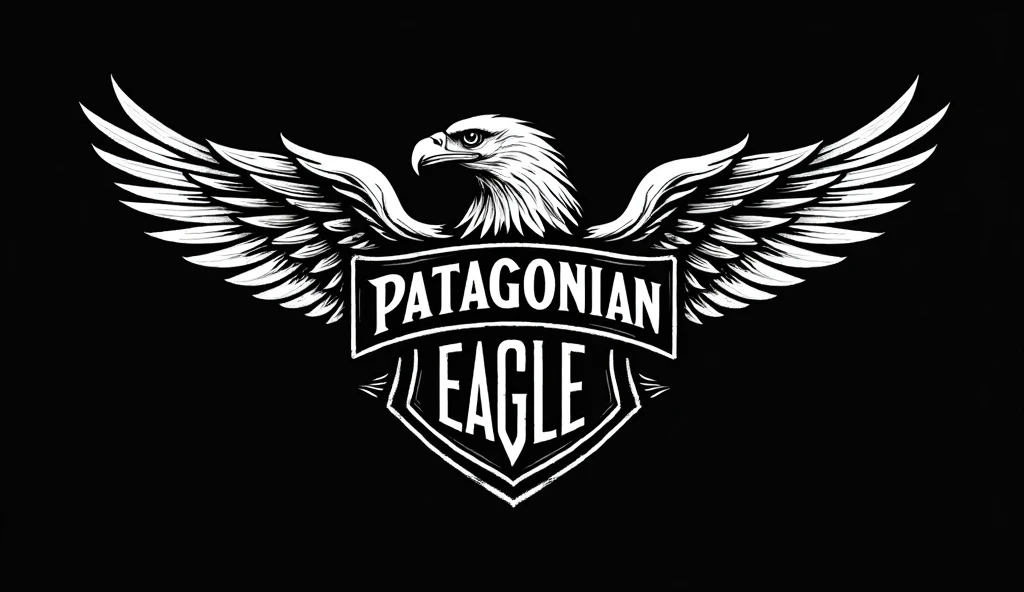 I wanted a logo with a black background and white lines and figures in the style of a motorcycle logo., Using Harley Davidson style shields or similar and an old school style with a black background and white or vintage lines and figures. Inside the shield at the top of the logo it has to say the word "patagonian" and at the bottom the word "eagle" and in the center the figure of an eagle or the head of an eagle.