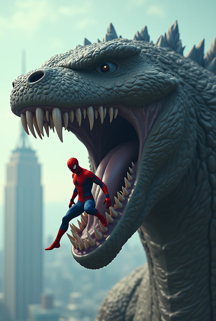 Spiderman hang with Godzilla's teath