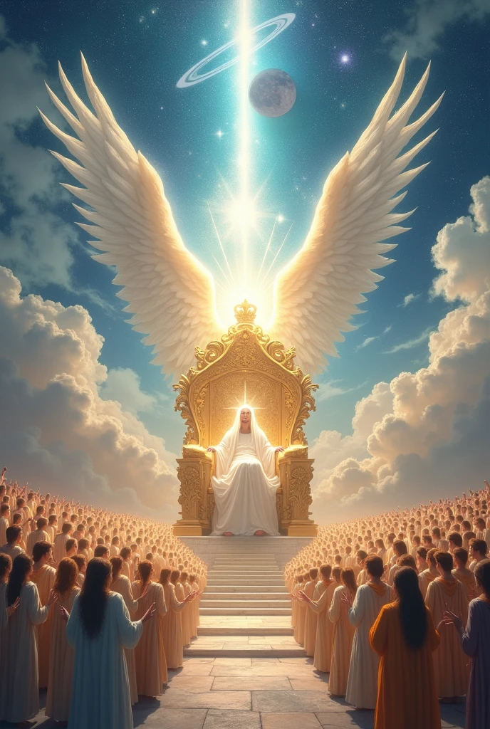 The image you shared shows a stunning and majestic celestial scene.. In the middle, There is a raised throne, surrounded by a bright glow. On the throne, A radiant and ethereal figure sits, dressed in light and bright clothing, giving the impression of a divine or angelic being. 
The throne is huge and adorned with intricate, luminous details., with huge wings spread out to the sides, that seem to emanate from the seated figure or the throne itself. These wings are massive, stretching towards the heavens, which reinforces the feeling of greatness and power.
Around the throne, at different levels of the structure, There are numerous figures, also angelic, who appear to be worshipping or paying homage to the central figure. These figures are arranged in rows, All of them dressed in light and bright clothing, similar to the figure on the throne. Some of them hold objects that could be religious or power symbols..
The background of the image is composed of a sky full of soft and luminous clouds., with shades ranging from white to pale blue, creating an ethereal and divine atmosphere. In the distance, More angelic figures and a starry sky are seen, with cosmic elements like planets and stars adding a sense of infinity.
The whole scene is filled with light., with bright flashes emanating from both the throne and the figures, reinforcing the sacred and heavenly atmosphere of the image. It is a painting that evokes feelings of reverence, wonder and spirituality.