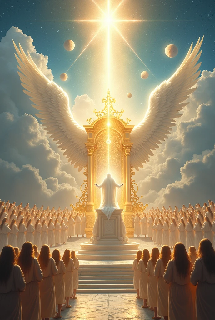 The image you shared shows a stunning and majestic celestial scene.. In the middle, There is a raised throne, surrounded by a bright glow. On the throne, A radiant and ethereal figure sits, dressed in light and bright clothing, giving the impression of a divine or angelic being.
The throne is huge and adorned with intricate, luminous details., with huge wings spread out to the sides, that seem to emanate from the seated figure or the throne itself. These wings are massive, stretching towards the heavens, which reinforces the feeling of greatness and power.
Around the throne, at different levels of the structure, There are numerous figures, also angelic, who appear to be worshipping or paying homage to the central figure. These figures are arranged in rows, All of them dressed in light and bright clothing, similar to the figure on the throne. Some of them hold objects that could be religious or power symbols..
The background of the image is composed of a sky full of soft and luminous clouds., with shades ranging from white to pale blue, creating an ethereal and divine atmosphere. In the distance, More angelic figures and a starry sky are seen, with cosmic elements like planets and stars adding a sense of infinity.
The whole scene is filled with light., with bright flashes emanating from both the throne and the figures, reinforcing the sacred and heavenly atmosphere of the image. It is a painting that evokes feelings of reverence, wonder and spirituality.
