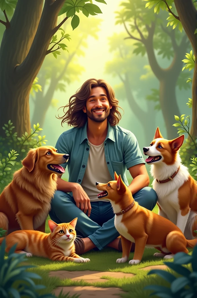 Handsome man, long hair, laughing, raising dogs, raising cats in the forest