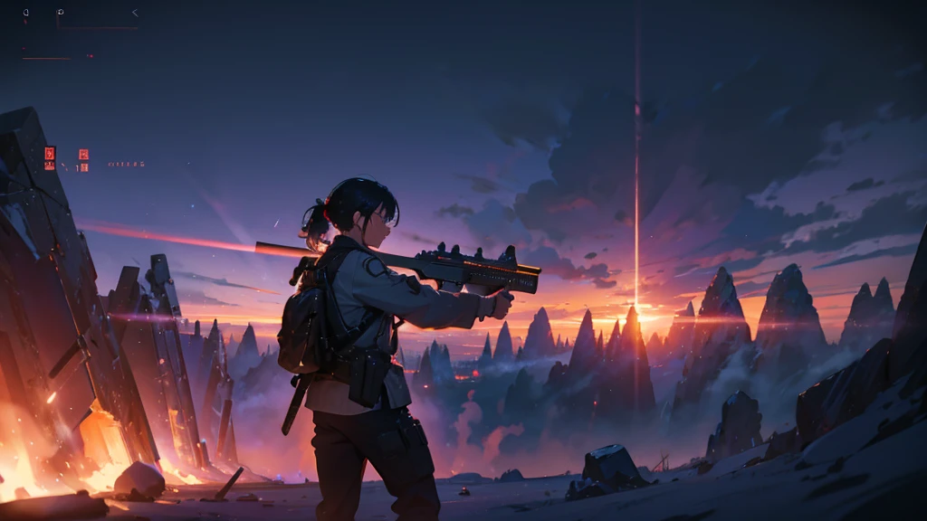Shooting、rifle、battle, Ready your gun?, point the gun here, Surrealism, cinematic lighting, UHD, high details, best quality, highres, 8k