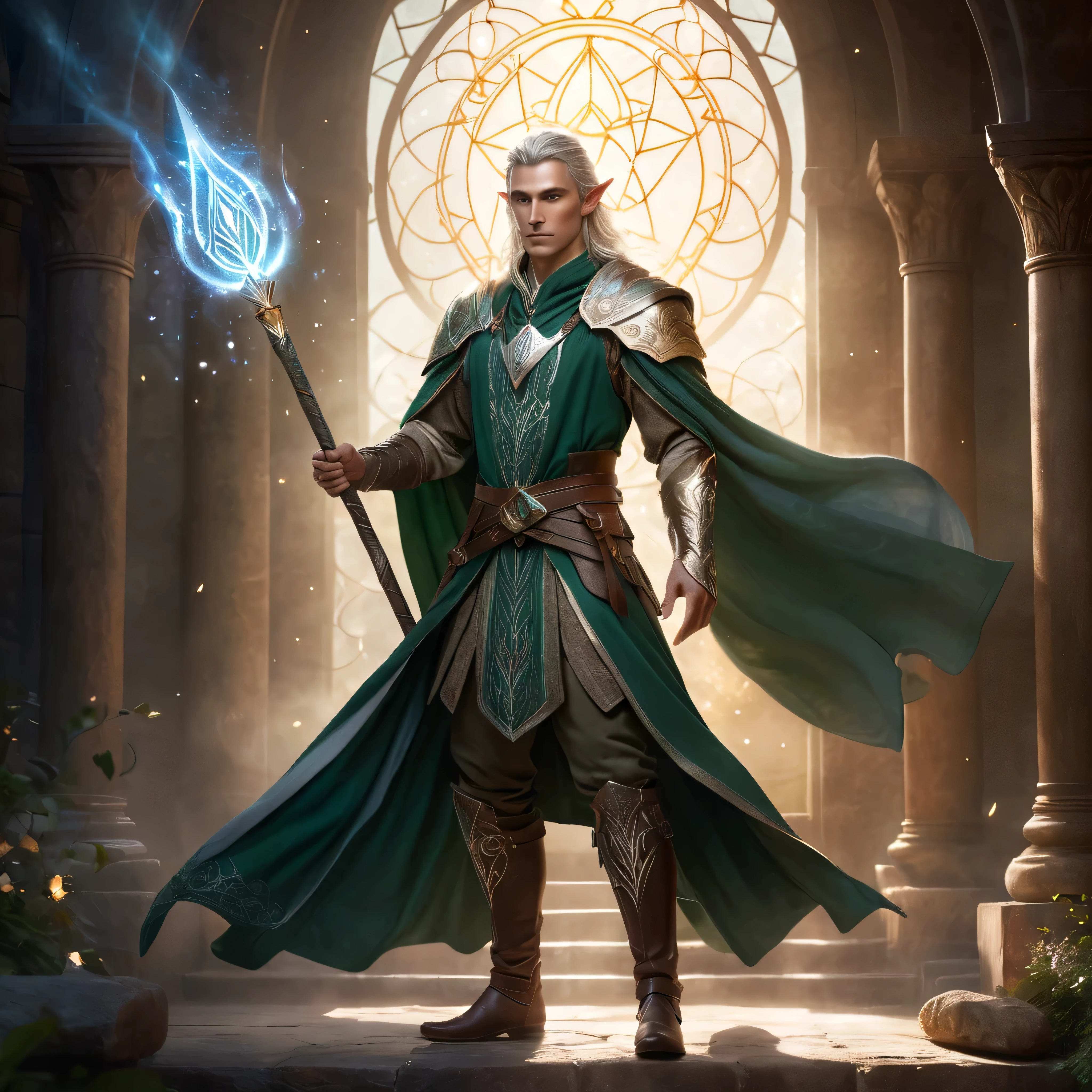 Masterpiece, Extremely detailed, best quality, photorealistic, magnificent, celestial, ethereal, epic, majestic, magical, fantasy art, cover art, dreamy, full body shot, BREAK, ethereal fantasy concept art of a brave male elf dnd wizard., staff in right hand, surrounded by runes of light, dynamic pose