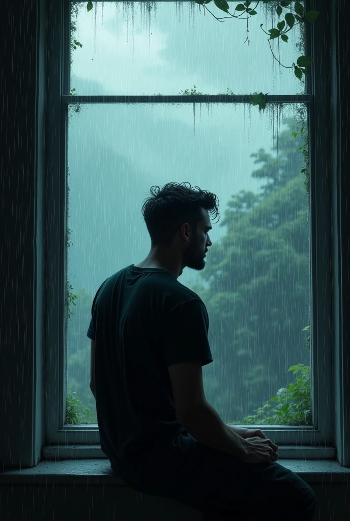 man looking to the window, Hard Rain outside