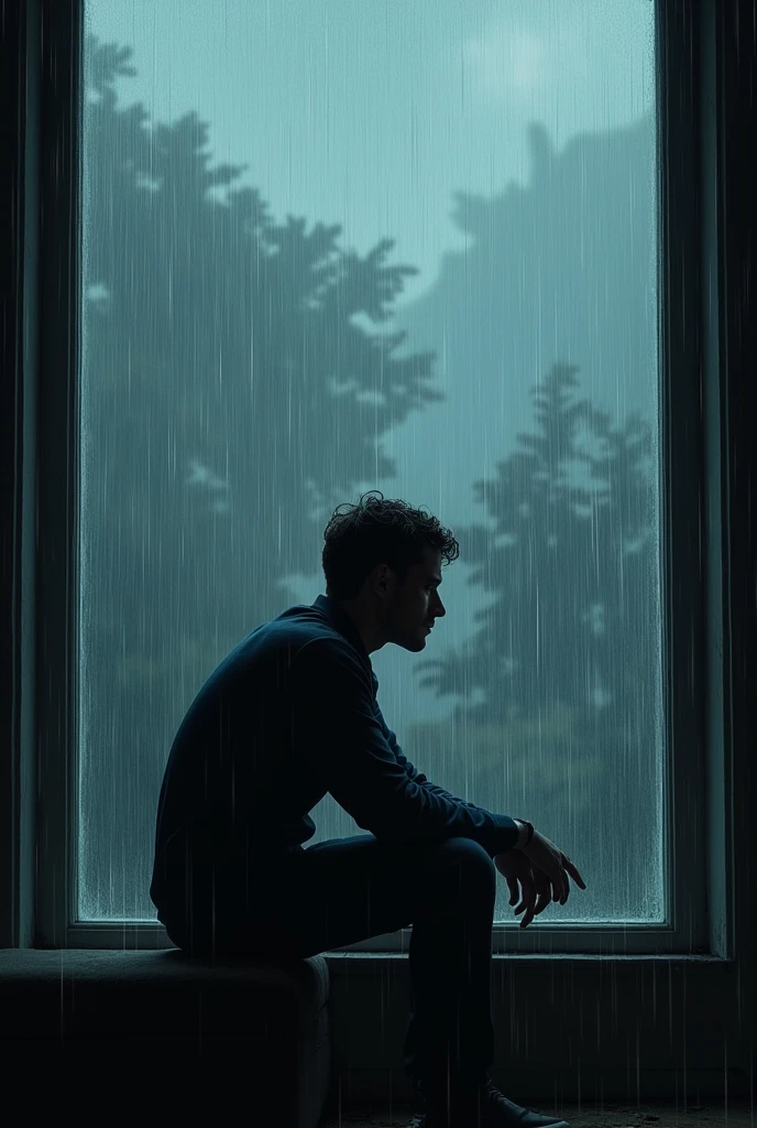 man looking to the window, Hard Rain outside