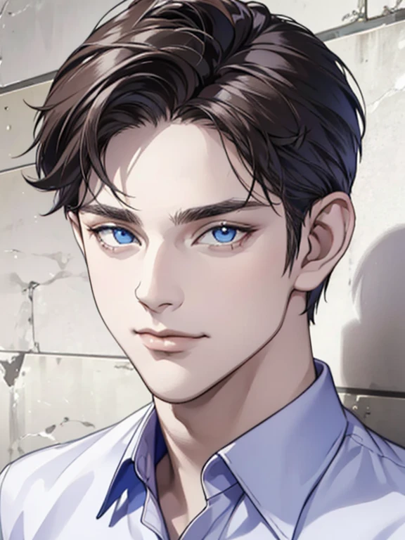 masterpiece, best quality, 1male, brunette hair, blue eyes, glasses, white shirt, mugshot, wall background, detailed eyes, detailed facial features, realistic and high resolution (best quality, 4k, 8k, highres, masterpiece:1.2)