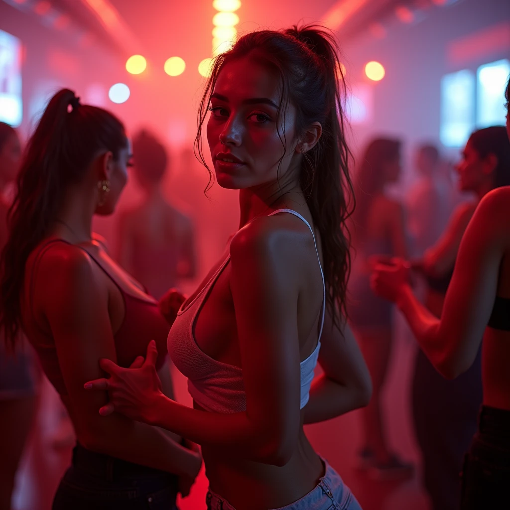 (((masterpiece))),(((best quality))), Carmella Diaz, Slim and toned brunette Spanish photographer 18 years old, huge breasts, College Girls, tanned skin, loose ponytail, soft face, sporty, darkness, neckline underboob, SPIRIT, best quality, High resolution, masterpiece: 1.3), masterpiece, Perfect slim body, big huge chest, big beautiful eyes, laughs, beautiful design, rustic, very beautiful elegant style, beautiful masterpiece, fine details, wear beautiful clothes, illumination, bright colors, clean lines, ((detailed facial features)), (finely detailed skin), tanned skin, realistic skin texture, Extreme Hautdetails, masterpiece in bester Qualität, photorealestic, hyper-realistic, detailed, 8k, HDR, (Soft color: 1.2), shallow depth of field, broad light, high contrast, Contre-Jour, blooming, light flashing, chromatic aberration, keen focus, RAW color photo, no background blur, ((no piercings)),oni ((dances)) in a disco wild with her friends, ((full body))