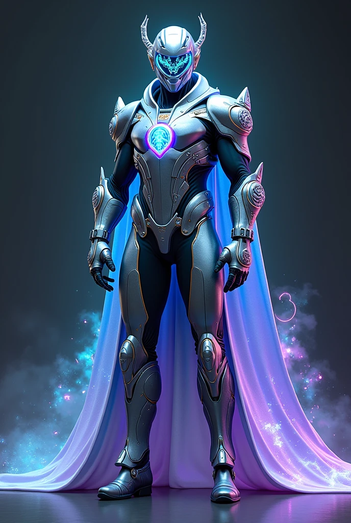 Sure, here’s the summarized description in English:

**Appearance for "Arcane Technomancy":**

- **Armor:** Futuristic armor with a metallic finish, featuring glowing blue, silver, and accents of purple and green. It combines advanced technology with magical ornamentation.
  
- **Helmet:** Sleek and elegant, with a transparent visor displaying moving magical patterns. The helmet also includes tech features like antennas and glowing runes.

- **Cape:** A long, flowing cape made of cosmic energy in blue and silver, creating a dramatic and mystical effect.

- **Hands and Feet:** Gloves and boots equipped with tech panels and magical symbols. The gloves direct magical energy, and the boots enhance speed and levitation.

- **Aura and Light:** When using powers, a blue, purple, and green aura surrounds you, resembling pulsating magical energy.

- **Chest Symbol:** A glowing symbol on the chest combining tech and magic elements, like a circle with surrounding runes.

This appearance blends futuristic and mystical elements to create a powerful and impressive look.