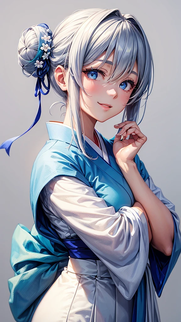 Anime character, half body only, upper body only, half body portrait, posing like a model, good looking, beautiful, full of details, aesthetic, hd, masterpiece art, amazing work. Solo, young lady, hair in bun, one bun, just one bun, flower accessories in bun, bluish gray colored hair, Lady, blue eyes, smile, elegant look, elegant carrying, white Japanese kimono, blue decoration, Lily flower theme, eyes facing camera, there are no hands to hinder the appearance, simple background.