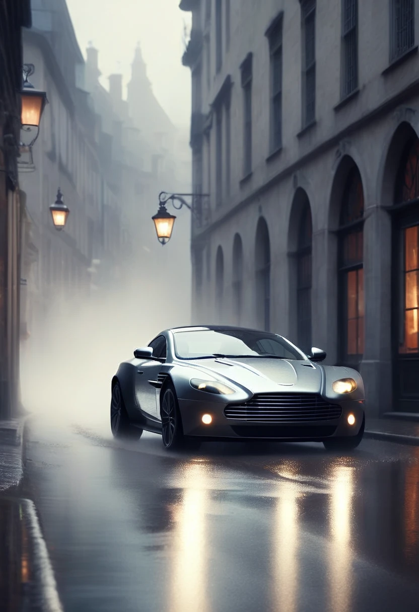 a silver-gray Aston martin sports car, speeding down a wet cobblestone road at reflecting on the glossy surface, realistic, highly detailed, professional lighting, deep shadows, (best quality,8k,highres,masterpiece:1.2),ultra-detailed,(realistic,photorealistic,photo-realistic:1.37),car, sports car, luxury car, fast car, motion blur, wet road, cobblestones, evening, streetlights, reflections, shadows, professional lighting, realistic, dynamic, dramatic