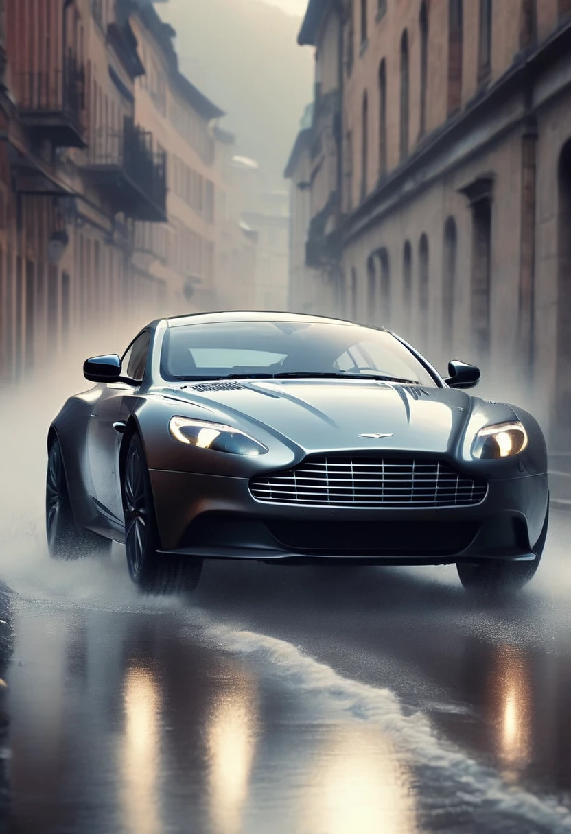 a silver-gray Aston martin sports car, speeding down a wet cobblestone road at reflecting on the glossy surface, realistic, highly detailed, professional lighting, deep shadows, (best quality,8k,highres,masterpiece:1.2),ultra-detailed,(realistic,photorealistic,photo-realistic:1.37),car, sports car, luxury car, fast car, motion blur, wet road, cobblestones, evening, streetlights, reflections, shadows, professional lighting, realistic, dynamic, dramatic