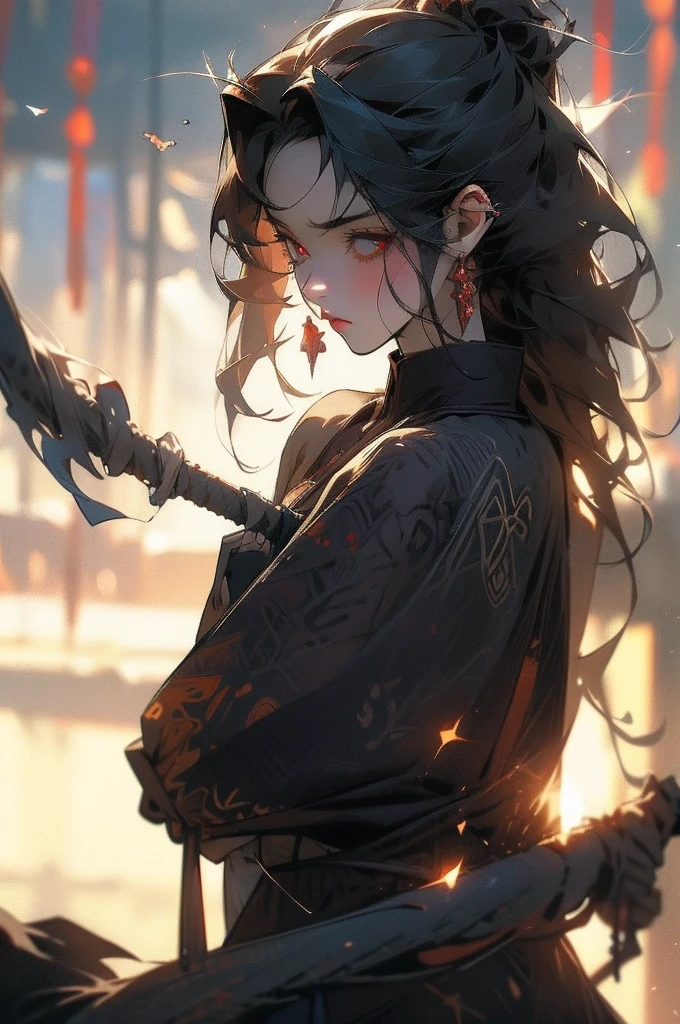 NSFW, short boy, feminine small shotacon, holding crow pet, small fragile body, black fur-lined clothes hanging on the shoulder, little to no clothes (showing core body), black hair, very messy mullet hair, bangs, shining crimson eyes, masterpiece, 8k, photorealistic, chiaroscuro lighting, dramatic shadows, cinematic composition, coast background, wearing black short, sharp black nails