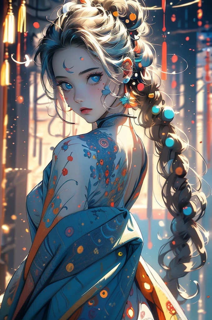 (((masterpiece))),(((best quality))),((Extremely detailed)),(illustration),(Dynamic Angle), ((floating)),(painting),((Messy hair)), (Solitary),(1 Girl), , (((Delicate anima face))),((Beautiful and delicate face)),collar,Bare shoulders, White hair, ((Colorful hair)),((Striped hair)), Beautiful and delicate eyes,(Gradient eyes),(((Colored eyes))), (((Colored background))),(((High Saturation))),(((Surrounded by colorful colors))),(((with colorful dots around))),Colorful bubbles,((shining))