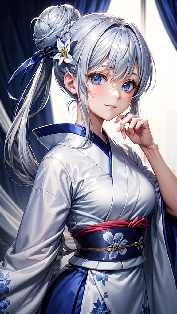 Anime character, half body only, upper body only, half body portrait, posing like a model, good looking, beautiful, full of details, aesthetic, hd, masterpiece art, amazing work. Solo, young lady, hair in bun, one bun, just one bun, flower accessories in bun, bluish gray colored hair, Lady, blue eyes, smile, elegant look, elegant carrying, white Japanese kimono, blue decoration, Lily flower theme, eyes facing camera, there are no hands to hinder the appearance, simple background.