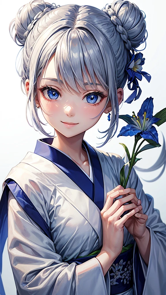 Anime character, half body only, upper body only, half body portrait, posing like a model, good looking, beautiful, full of details, aesthetic, hd, masterpiece art, amazing work. Solo, young lady, hair in bun, one bun, just one bun, flower accessories in bun, bluish gray colored hair, Lady, blue eyes, smile, elegant look, elegant carrying, white Japanese kimono, blue decoration, Lily flower theme, eyes facing camera, there are no hands to hinder the appearance, simple background.