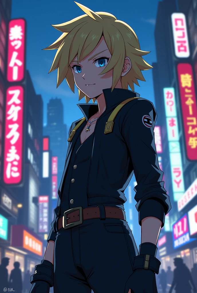 Male, pokemon trainer style, shoulder length hair, blonde, blue eyes, looks fierce, epic black clothes, tokyo night background
