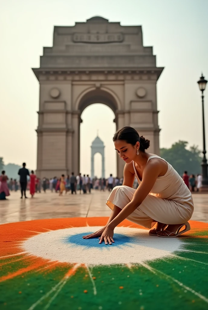 A beautiful lady printed indian flag rangoli on floor at india gate