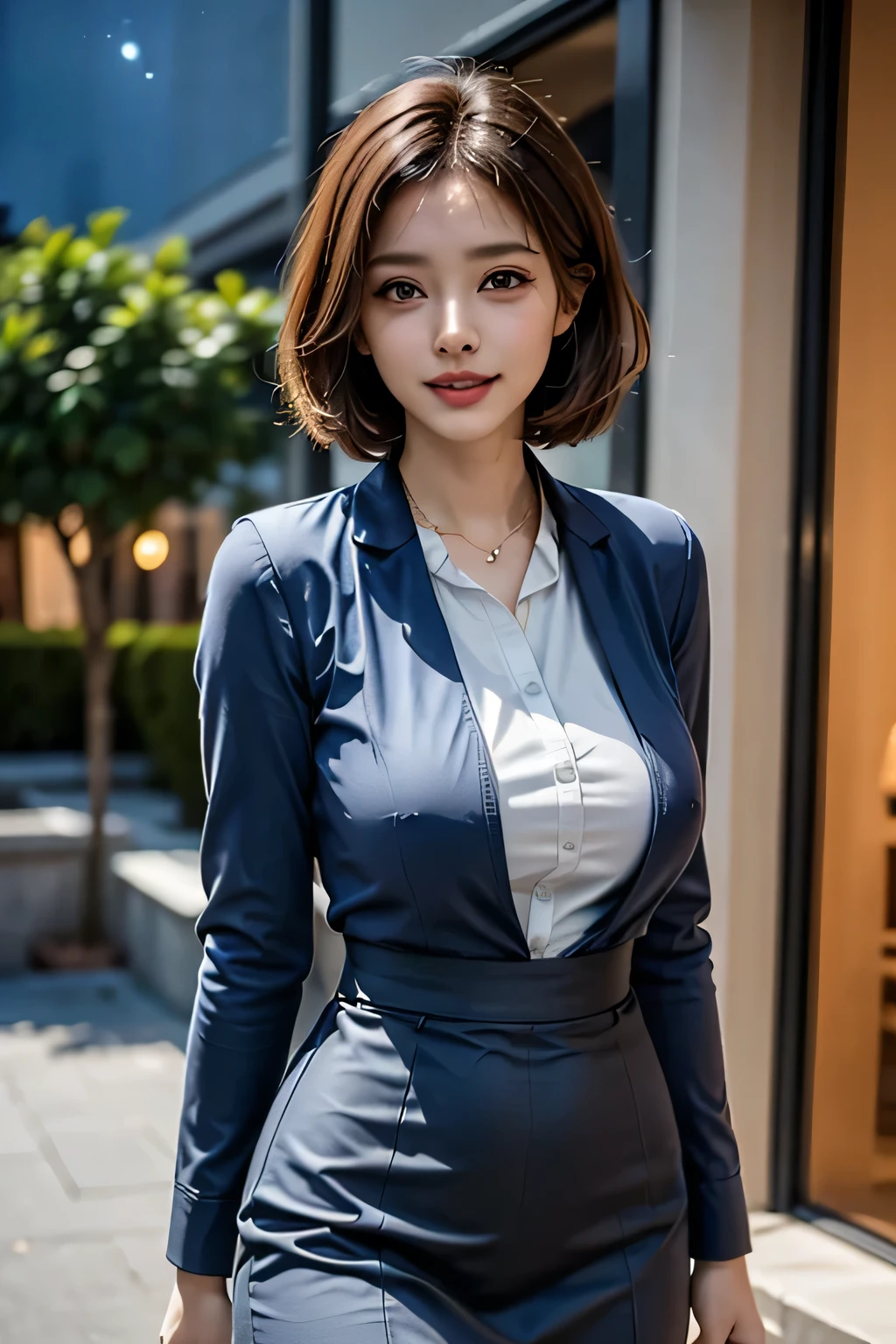 (1 Beauty), beautiful, Great face and eyes, cosmetics, (Extremely delicate beautiful face), (Sexiest Looks), (beautiful big breasts:1.1), (Highest quality:1.4), (Super detailed), (Very detailed CG synthesis 8k wallpaper), Very detailed, Original photo, Professional photography, ((suit)), (Tight Skirt), (Open collar business shirt), Outdoor, ((Night Forest)), (Night Sky), Depth of written boundary