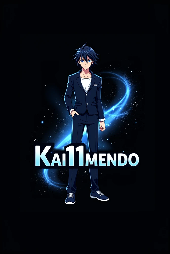 An anime character called kai with blue eyes and black hair standing, now make a logo with him standing and Kai11Mendo as the slogan in a black background with little blue sparks in behind, the logo should be in big font infront of the character