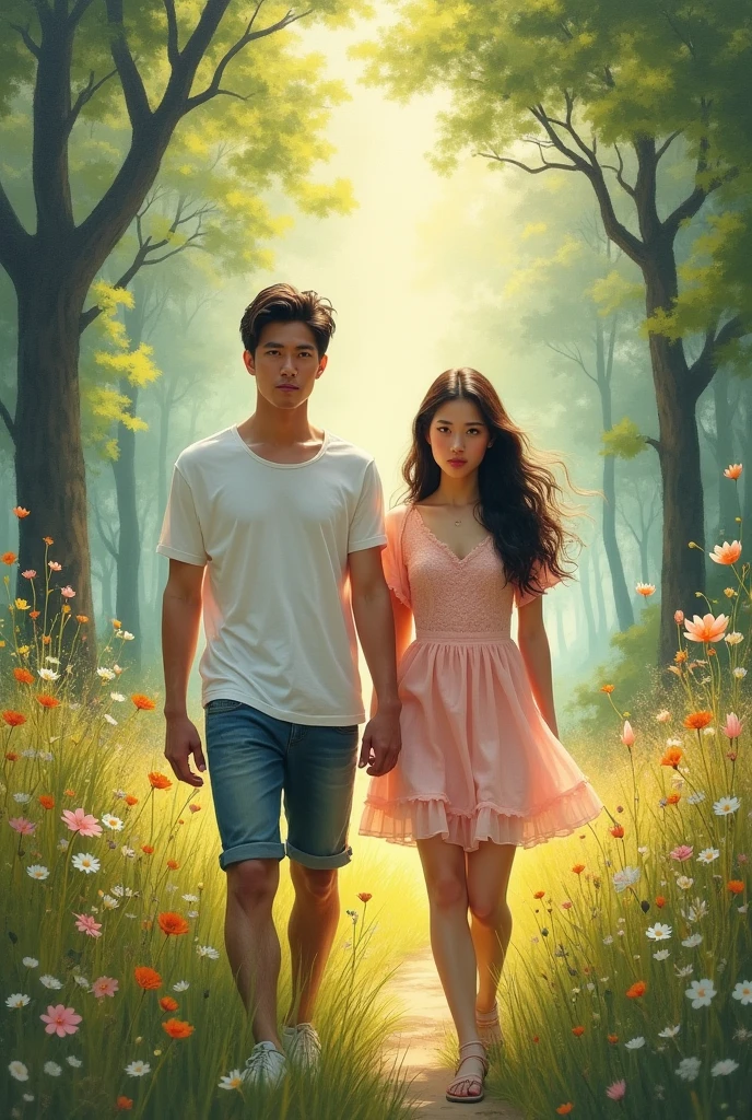 Best image quality, masterpiece level, ultra-high resolution . close-up. couples walking forward in a bright forest. front view. water color, fantasy theme, facial details, (((Waist-up portrait))). Dreamy watercolor style with gentle brushstrokes. Soft pastel colors and delicate floral patterns. Warm sunlight filtering through trees. Beautiful intricate details reminiscent. Vibrant yet muted color palette, bold brushstrokes, whimsical, fantastical, detailed environments, dreamlike quality, delicate, feminine, elegant, captivating, get detailed outdoor lighting and movie lighting, increase detailed overall ambient light, face and eye details, improve the realism of body details, clearly express sharp focus, expressionless,((The best quality)), ((Highly detailed)),oil on canvas. body facing towards viewers, The lens is a zoom lens with a medium aperture.