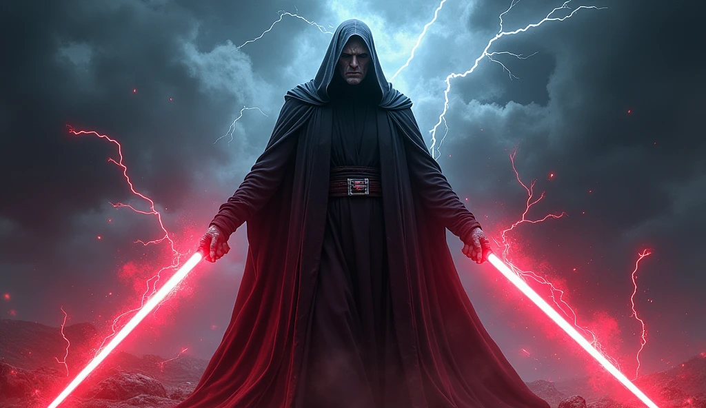 Emperor Palpatine standing with his hands outstretched, lightning crackling from his fingertips and spreading through the air, his hooded figure barely visible beneath the flashes of energy, the background a chaotic storm of dark clouds and lightning strikes, the atmosphere thick with tension and dark power, digital art with a focus on the interplay of light and shadow, --ar 16:9 --v 5.