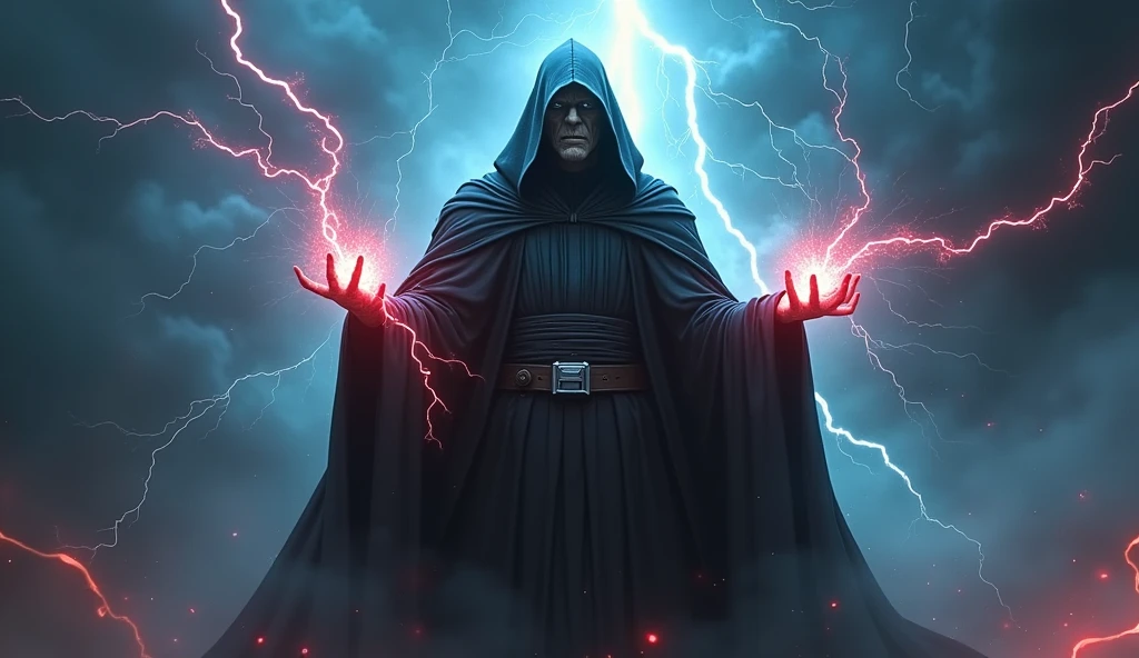 Emperor Palpatine standing with his hands outstretched, lightning crackling from his fingertips and spreading through the air, his hooded figure barely visible beneath the flashes of energy, the background a chaotic storm of dark clouds and lightning strikes, the atmosphere thick with tension and dark power, digital art with a focus on the interplay of light and shadow, --ar 16:9 --v 5.