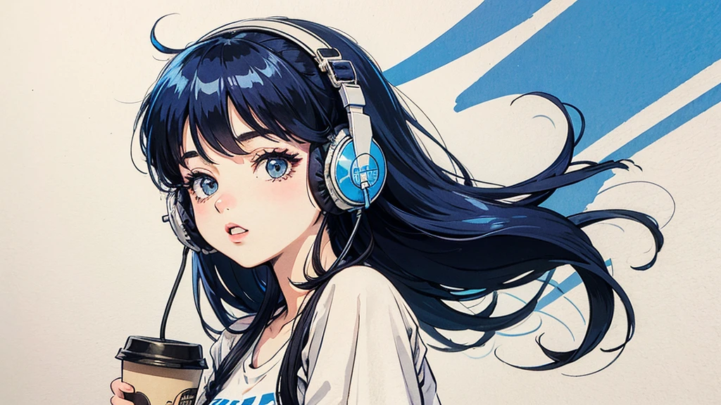 1 person, Blue Long Hair, 80s anime style, I have headphones on, coffee, Retro, Lo-Fi,Blue wall only background, Wearing a short-sleeved T-shirt, Close-up of a woman's face from the front,