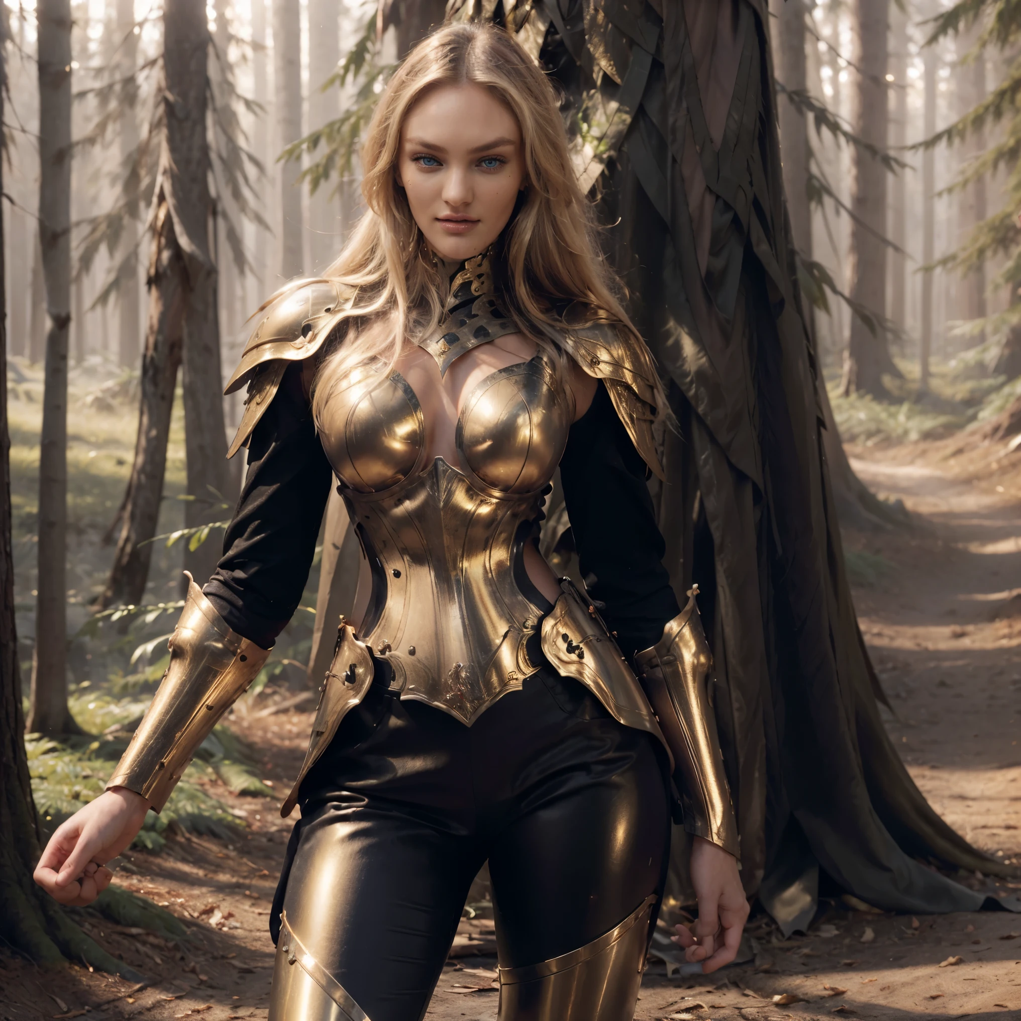 (Best Quality), (ultra-detailliert), (master piece), (hight resolution), 16K resolution, 1 girl, 18 years young, medieval setting, female knight, Candice Swanepoel, light blue eyes, long blond hair, detailed face, smirks, sassy smile, seductive, lustful facial expression, slim body, toned body, knik hips, slim waist, (golden armor, golden warrior armor, black leather pants with golden armor-plating, slim golden armguards, Armor fits snugly, armor is cropped), wearing golden necklace, wears golden hip belt with golden buckle, hip belt is adjusted too tightly, (enchanted forest, giant trees, canadian forest, in the middle of the forest, misty mounatins in background,  detailed forest in background, sunrise, sunshine), looks at camera, close up portrait, close up shot